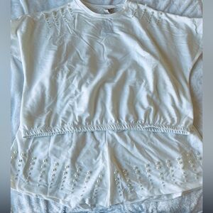White pearl embellished top and shorts set, size 3X